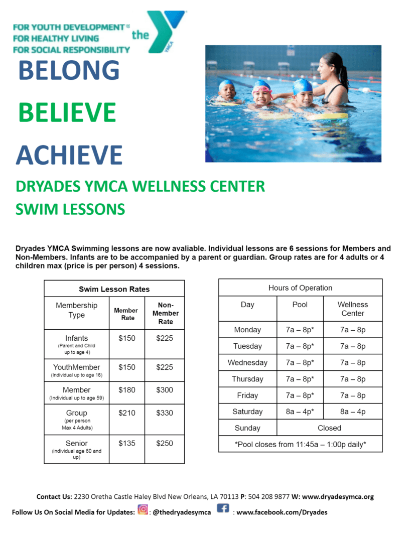 A sheet with information about the different types of swim lessons.