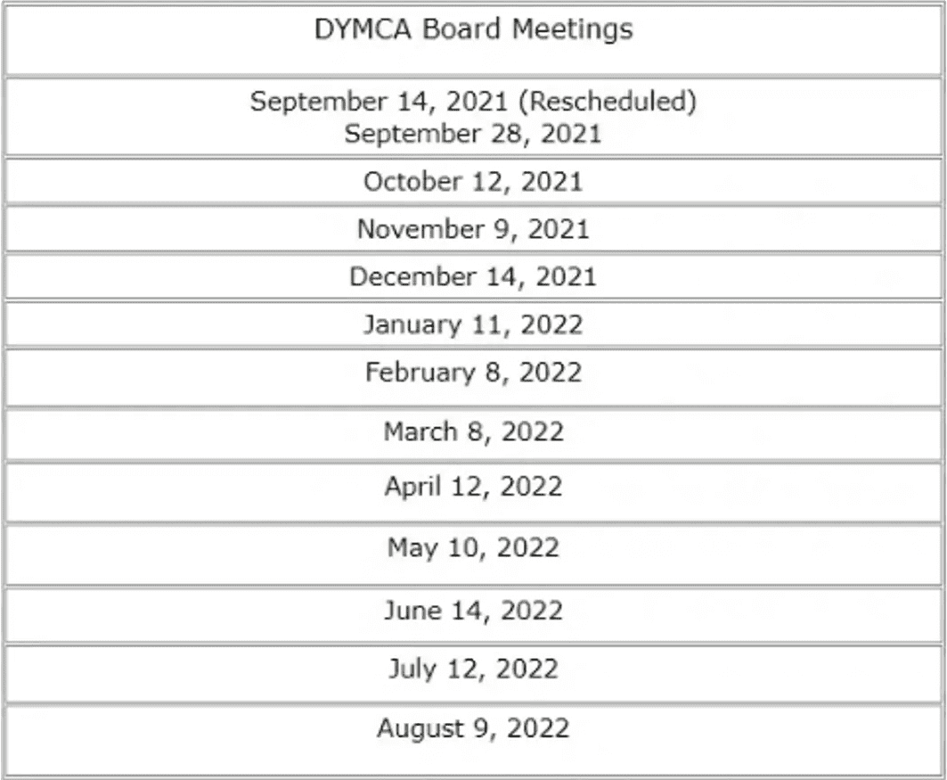 A table with several dates for the dymca board meetings.